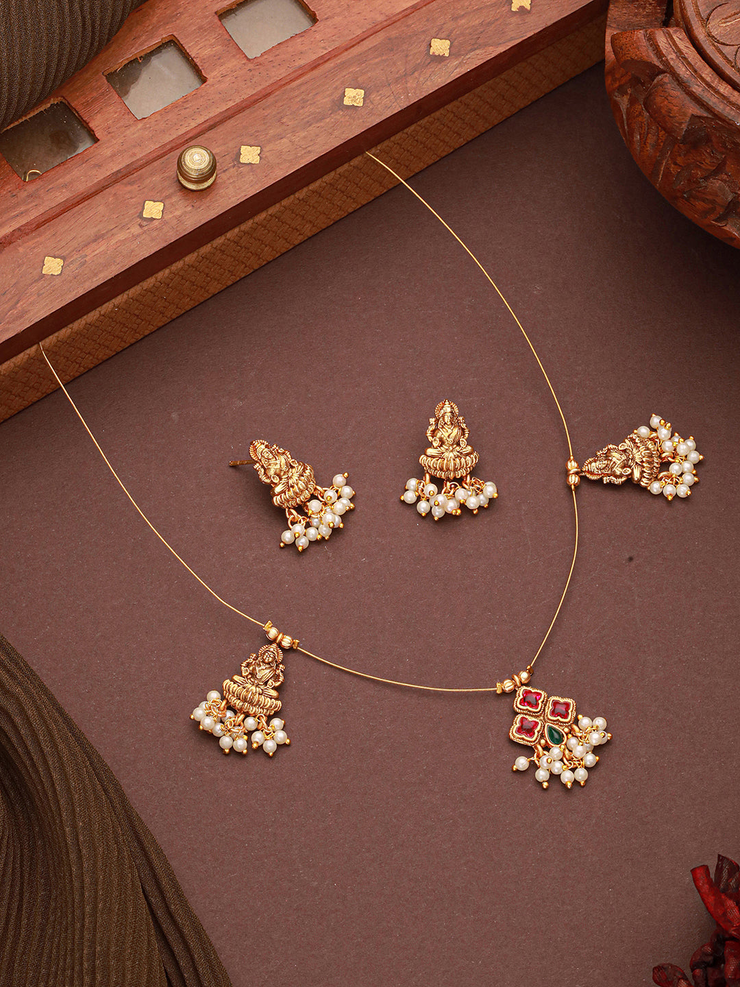 Gold Plated Pearl Beaded Invisible Chain  Temple Goddess Lakshmi Motif Pendant Jewellery Set